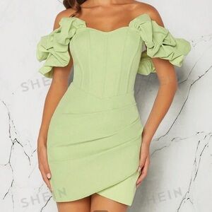Sage Off Shoulder Ruffle Dress